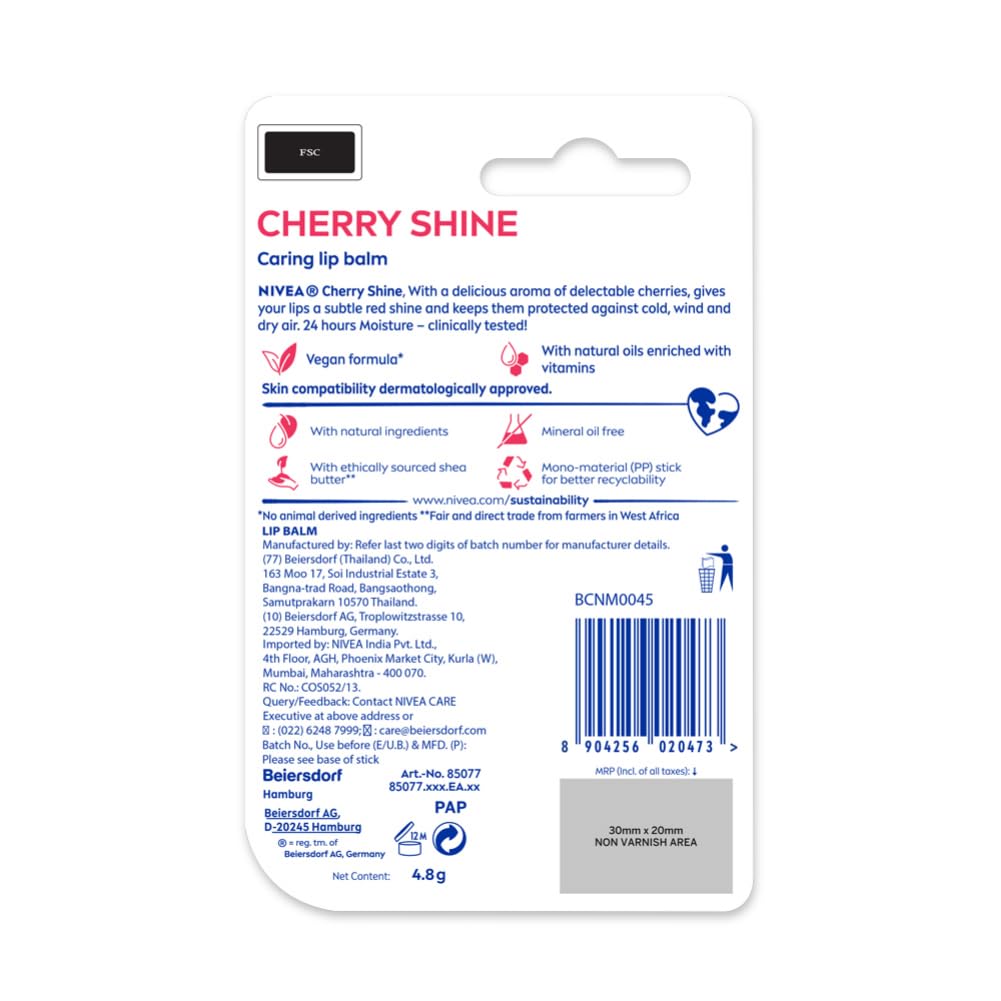 NIVEA Cherry Shine Lip Balm 24 H Melt in Moisture Formula 4.8gm