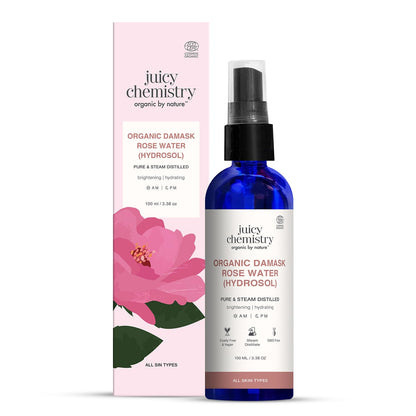 Juicy Chemistry Organic Rose Water (Hydrosol), 200 ml | Face Toner for Glowing, Brighter and Hydrated Skin | Made with Bulgarian Damask Roses - Clinically Tested