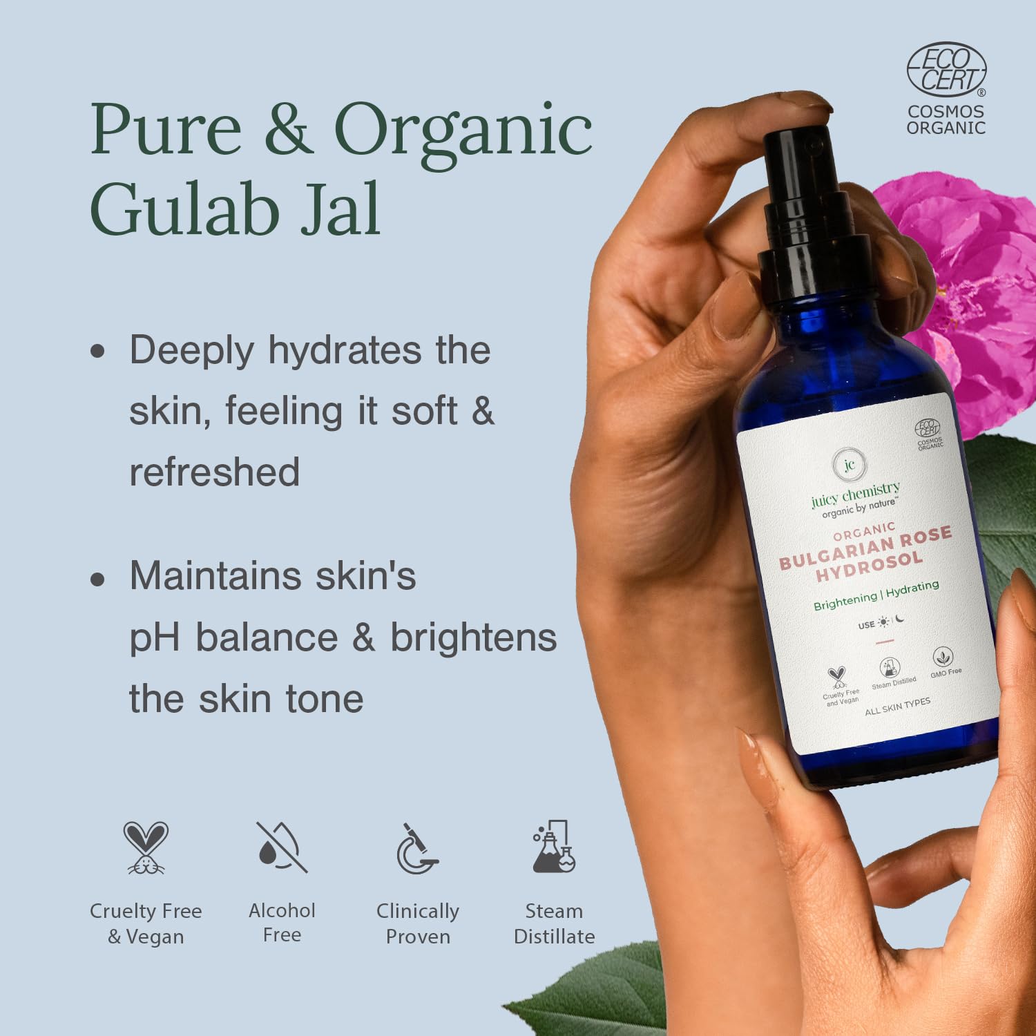 Juicy Chemistry Organic Rose Water (Hydrosol), 200 ml | Face Toner for Glowing, Brighter and Hydrated Skin | Made with Bulgarian Damask Roses - Clinically Tested