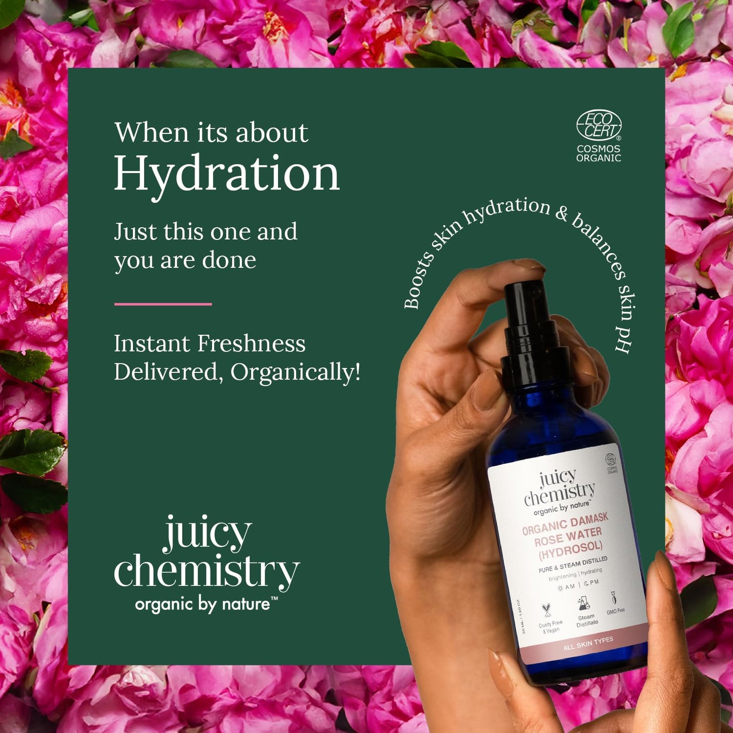 Juicy Chemistry Organic Rose Water (Hydrosol), 200 ml | Face Toner for Glowing, Brighter and Hydrated Skin | Made with Bulgarian Damask Roses - Clinically Tested