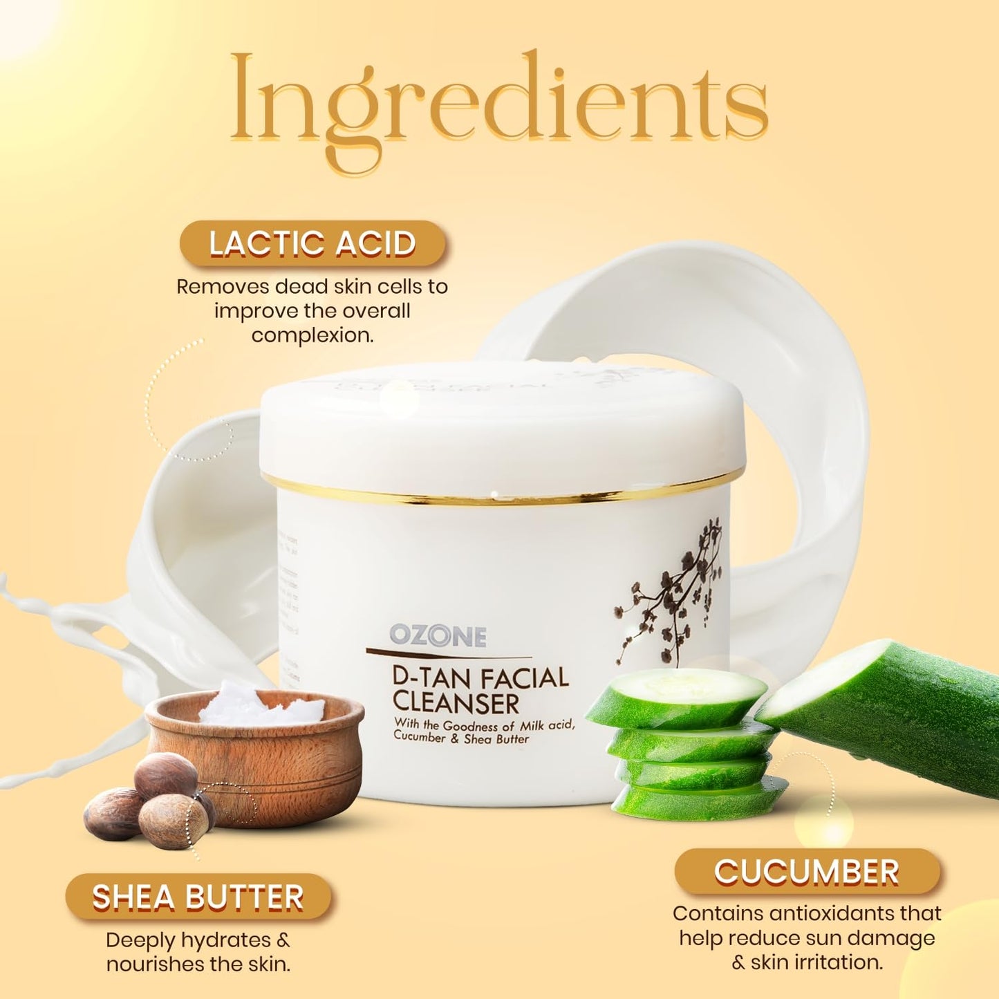 Ozone D-Tan Facial Cleanser | Enriched with Cucumber, Shea Butter & Milk