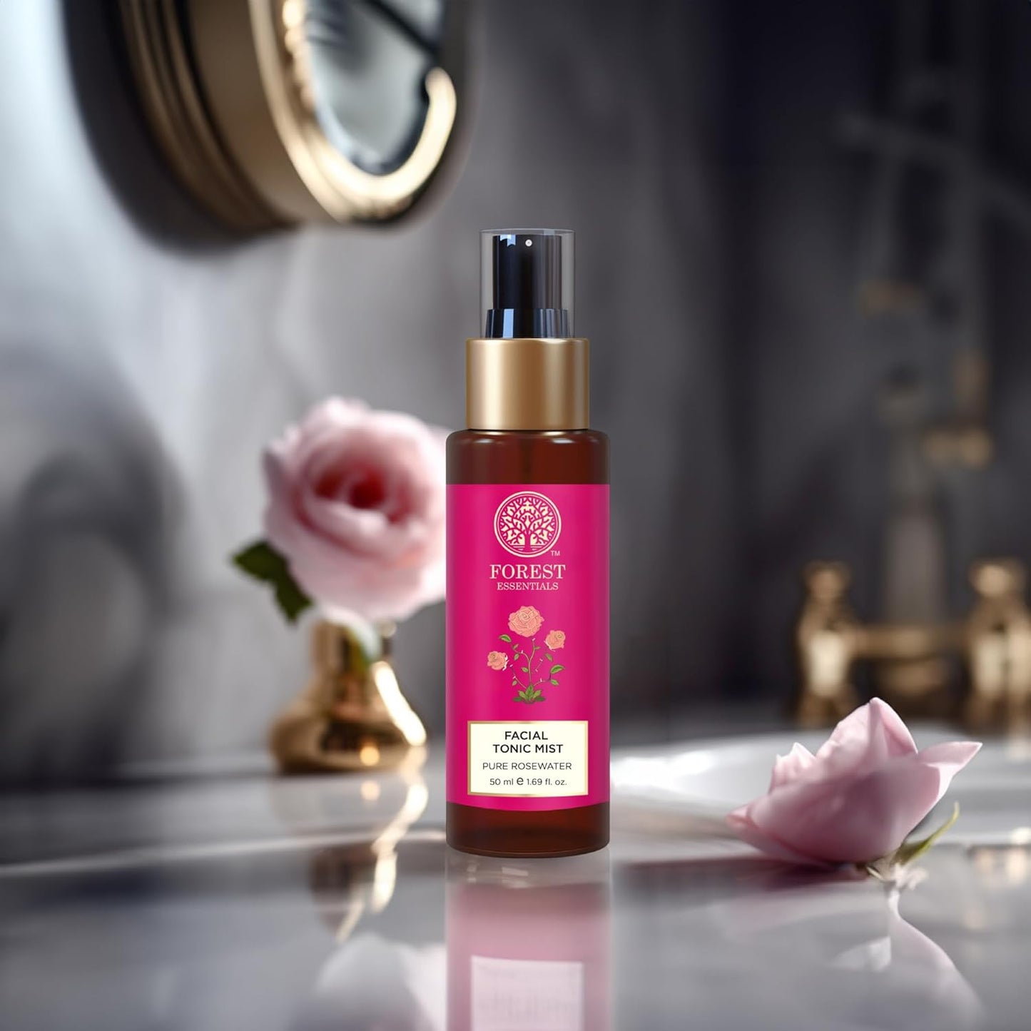 Forest Essentials Travel Size Facial Tonic Mist Pure Rosewater | Refreshing Face Toner For Pore Tightening And Hydration | Alcohol-Free Toner For Glowing Skin | 50 Ml, Pack of 1