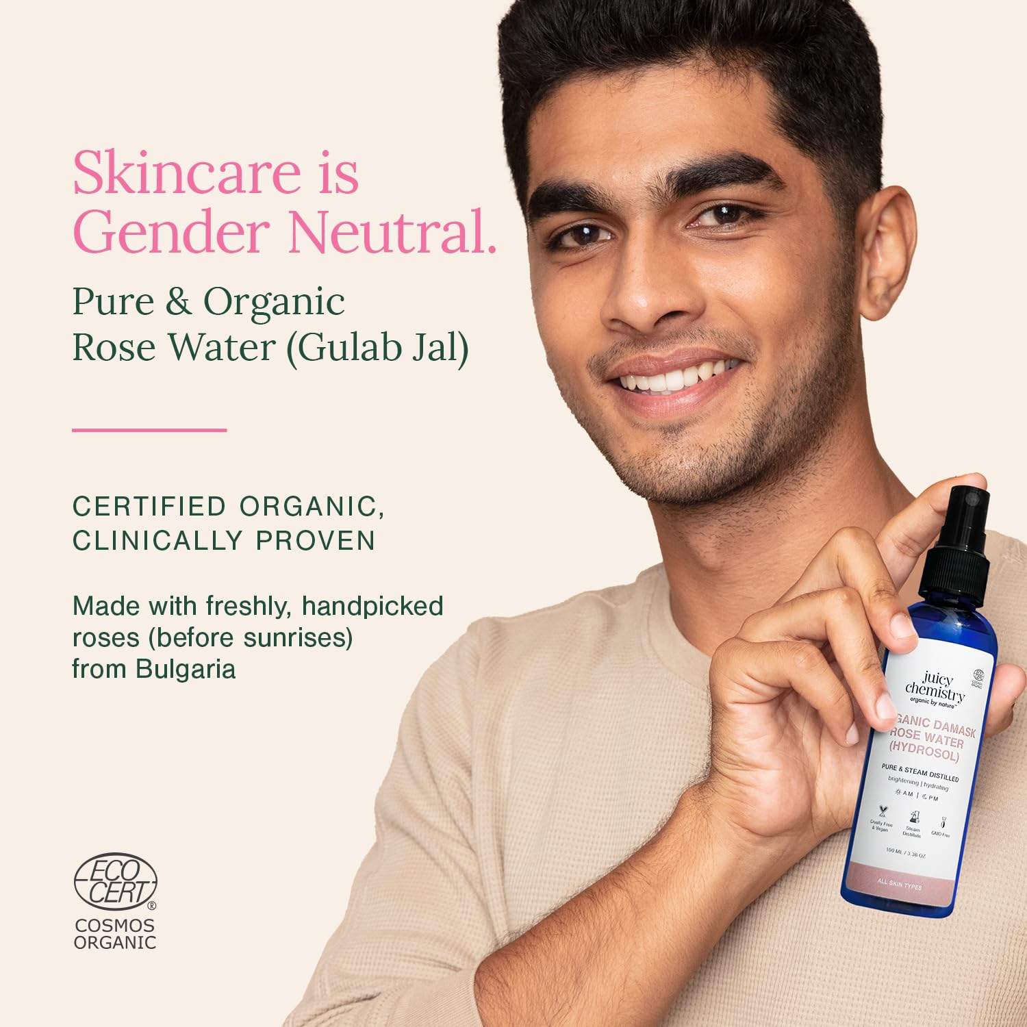 Juicy Chemistry Organic Rose Water (Hydrosol), 200 ml | Face Toner for Glowing, Brighter and Hydrated Skin | Made with Bulgarian Damask Roses - Clinically Tested