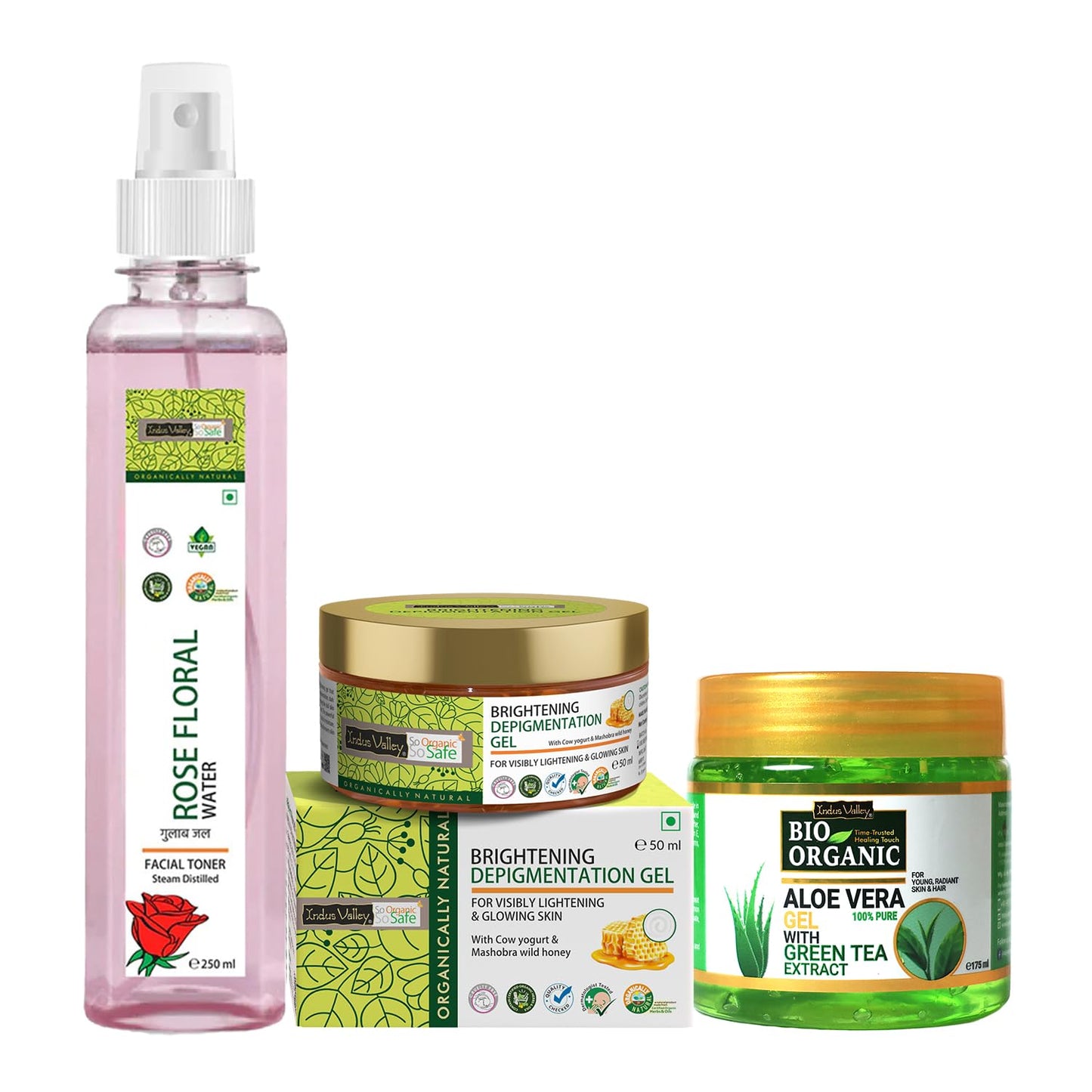 INDUS VALLEY Organic and Natural Cow's Milk Yogurt & Honey Depigmentation Gel with Rose Water Toner for Face (Gulab Jal) | 50 ml + 250 ml