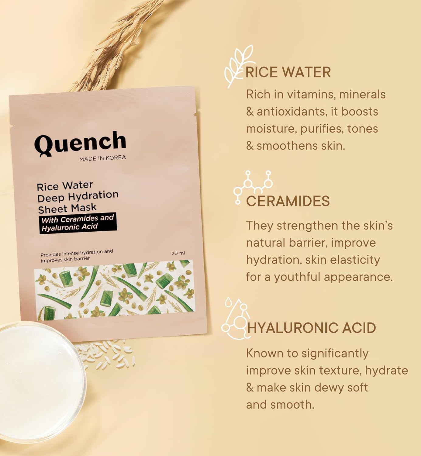 Quench Deep Hydration Korean Sheet Mask with Rice Water, Ceramides & Hyaluronic Acid