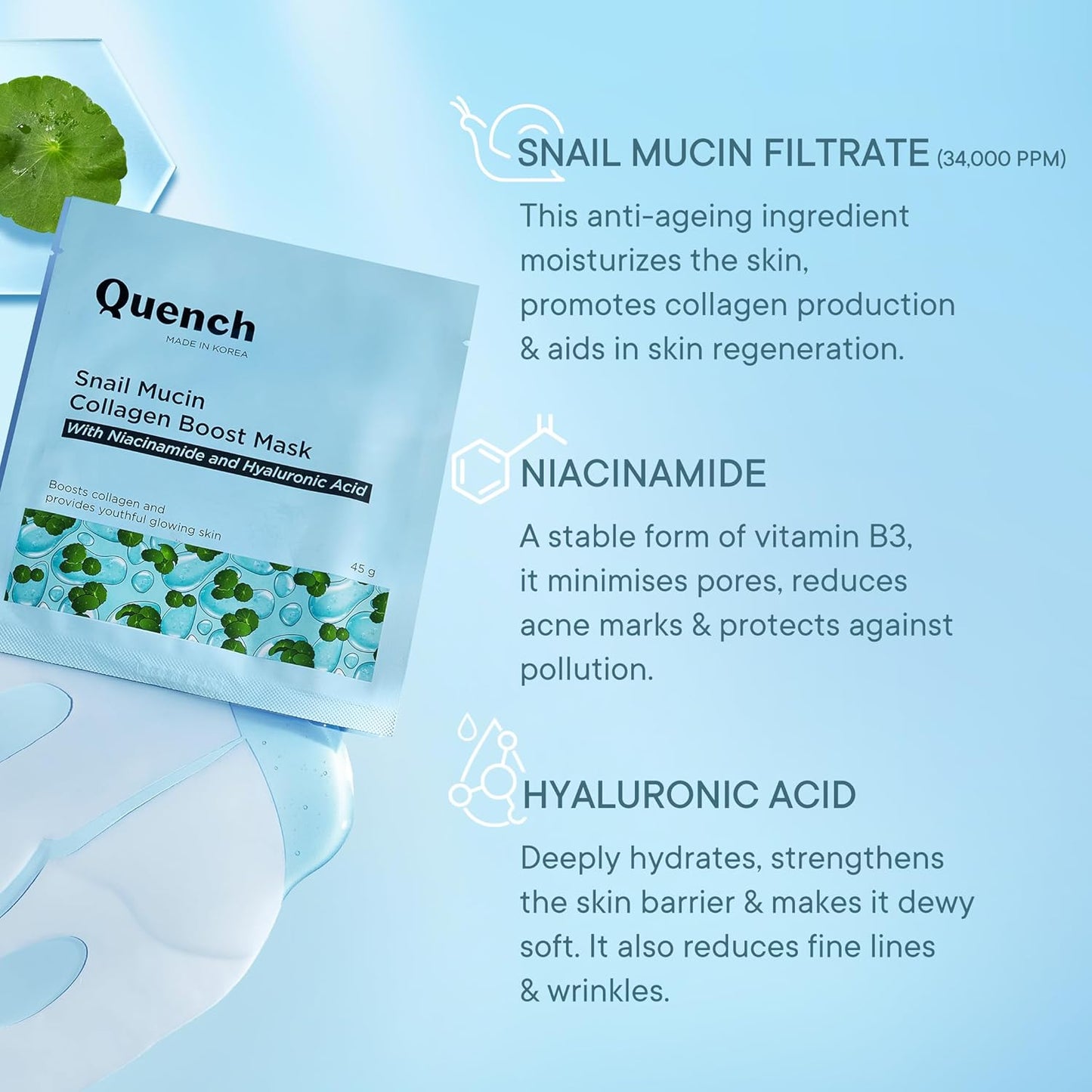 Quench Snail Mucin Collagen Boost Mask with Niacinamide & Hyaluronic Acid for Glass Skin within 4 Hours