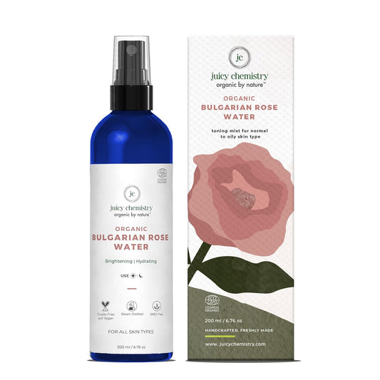 Juicy Chemistry Organic Rose Water (Hydrosol), 200 ml | Face Toner for Glowing, Brighter and Hydrated Skin | Made with Bulgarian Damask Roses - Clinically Tested
