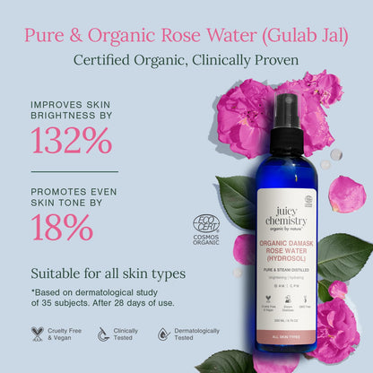 Juicy Chemistry Organic Rose Water (Hydrosol), 200 ml | Face Toner for Glowing, Brighter and Hydrated Skin | Made with Bulgarian Damask Roses - Clinically Tested