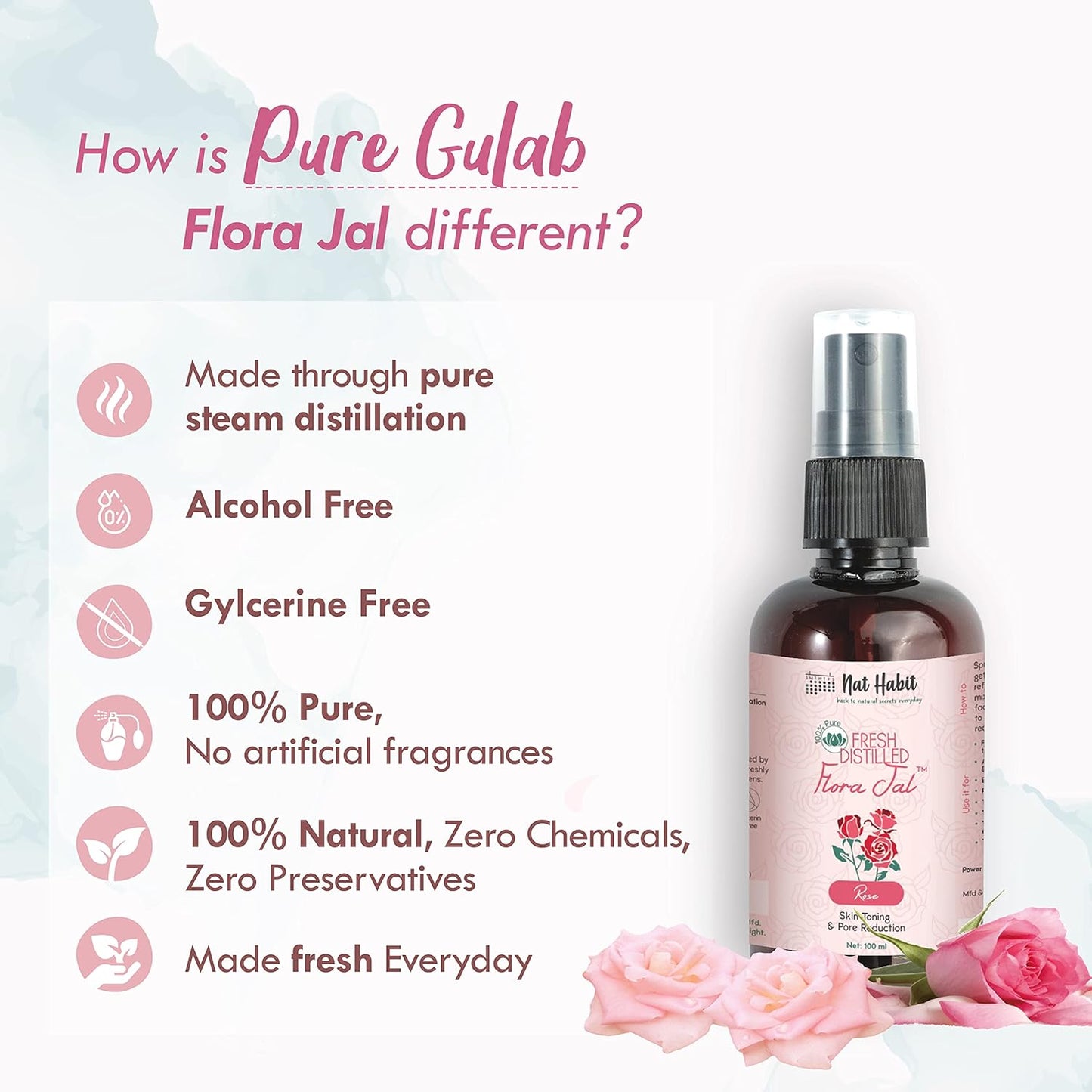 Nat Habit 100% Pure Gulab Jal - Rose Water - Toner, Face-Mist, Astringent & Face Spray - Ayurvedic, Steam-Distilled For Oil-Control, Skin Hydration (Pack of 1, 100 ml)