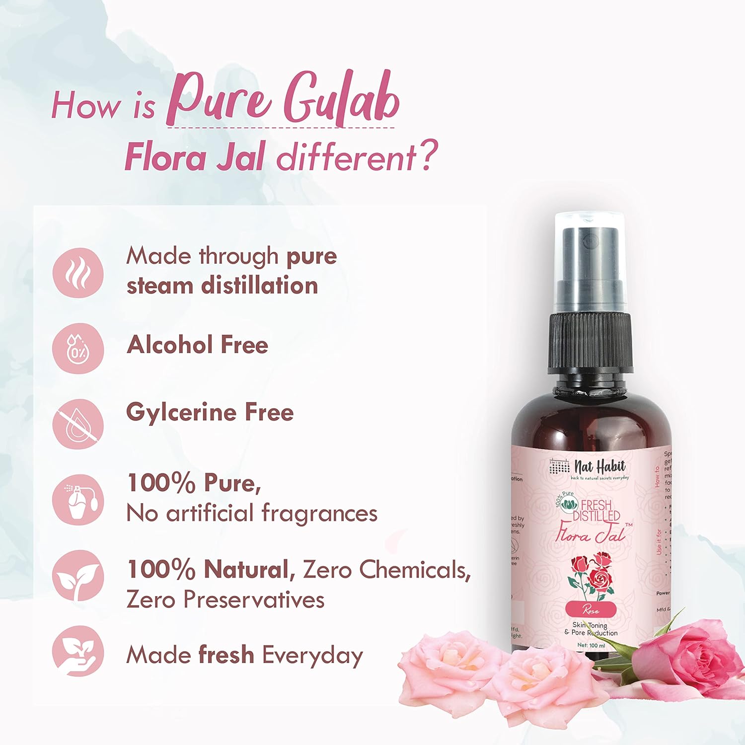 Nat Habit 100% Pure Gulab Jal - Rose Water - Toner, Face-Mist, Astringent & Face Spray - Ayurvedic, Steam-Distilled For Oil-Control, Skin Hydration (Pack of 1, 100 ml)
