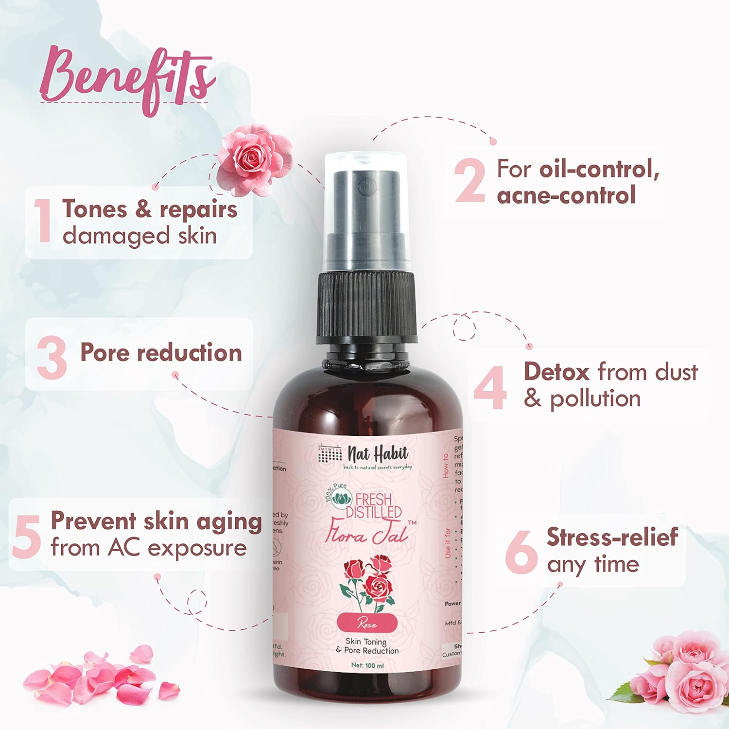 Nat Habit 100% Pure Gulab Jal - Rose Water - Toner, Face-Mist, Astringent & Face Spray - Ayurvedic, Steam-Distilled For Oil-Control, Skin Hydration (Pack of 1, 100 ml)